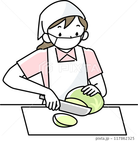 エプロンとマスクを着けて料理をする女性 117862325