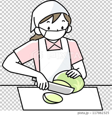 エプロンとマスクを着けて料理をする女性 117862325