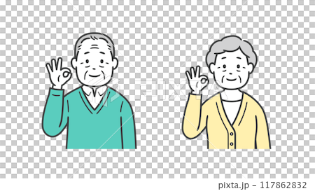 Upper body illustration of a senior citizen man and woman making an OK pose 117862832