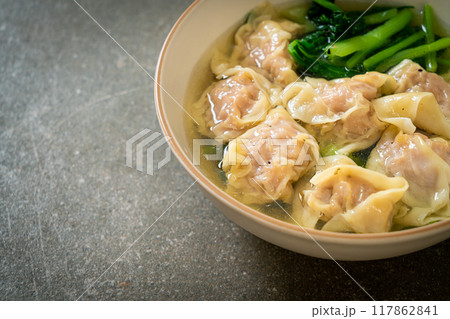 pork wonton soup or pork dumplings soup with vegetable pork wonton soup or pork dumplings soup with vegetable 117862841