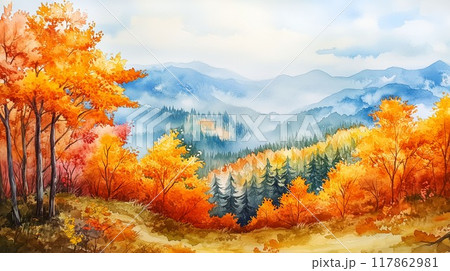 秋の絶景】色鮮やかな紅葉と雄大な山々を描いた風景イラストのイラスト