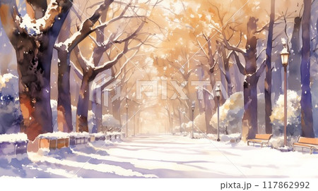 冬の並木道 - 雪化粧した木々と温かな光が織りなす風景 冬の並木道 - 雪化粧した木々と温かな光が織りなす風景 117862992