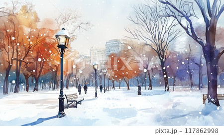 冬の散歩道 - 水彩が描く雪降る静寂の公園 冬の散歩道 - 水彩が描く雪降る静寂の公園 117862998
