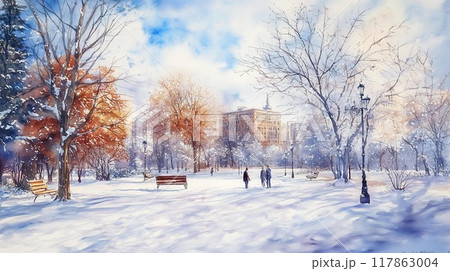冬の都会のオアシス - 雪に包まれた公園の水彩風景 冬の都会のオアシス - 雪に包まれた公園の水彩風景 117863004