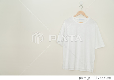 t-shirt hanging with wood hanger 117863066
