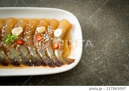 Korean Style Pickled Prawns or  Korean Soy Sauce Pickled Shrimp 117863097