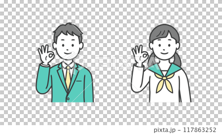男女學生做OK姿勢的上半身圖 男女學生做OK姿勢的上半身圖 117863252