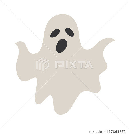 Vector illustration of simple, flat design ghost, spooky and cute creature. Perfect for Halloween themed designs, decorations, and fun yet eerie projects. Playful and haunting appearance 117863272