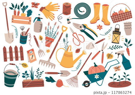 Vector illustration set of garden tools and elements in flat, cartoon style. Shovels, gloves, watering can doodles, plants icons collection. Gardening, farming, and eco-friendly living Vector illustration set of garden tools and elements in flat, cartoon style. Shovels, gloves, watering can doodles, plants icons collection. Gardening, farming, and eco-friendly living 117863274