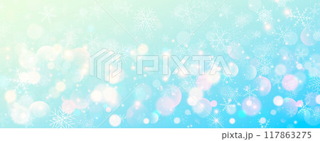 Christmas snowy background. Cold blue winter sky. Vector ice blizzard on gradient texture with bokeh and flakes. Festive new year theme for season sale wallpaper. Christmas snowy background. Cold blue winter sky. Vector ice blizzard on gradient texture with bokeh and flakes. Festive new year theme for season sale wallpaper. 117863275