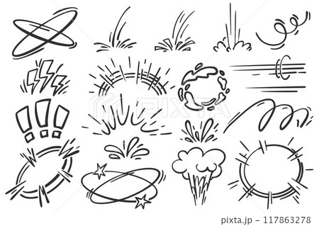 Cartoon bomb boom effect. Vector bang burst and splashes elements. Doodle pow and smoke speed lines. Hand drawn bubbles and flash motion graphic Cartoon bomb boom effect. Vector bang burst and splashes elements. Doodle pow and smoke speed lines. Hand drawn bubbles and flash motion graphic 117863278