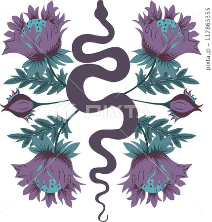 Snake in beautiful flowers and leaves, print for shoppers, mugs, notebooks, posters, T-shirts, tales, calendars. Year of the Snake 2025. Flowers in the style of William Morris 117863355
