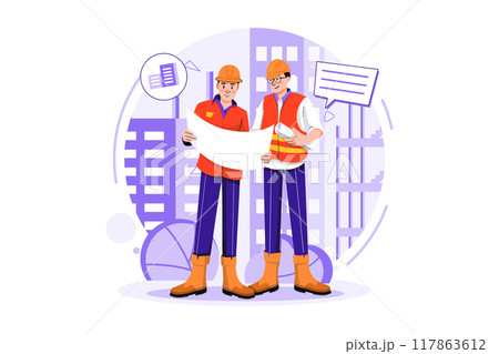 Construction workers discussing on building plan 117863612