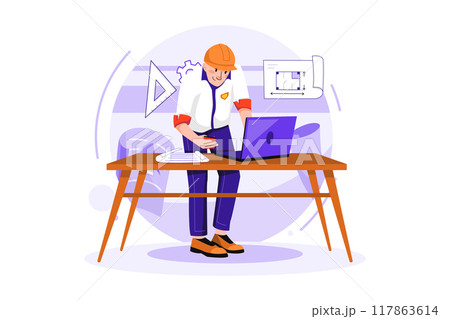 Man contractor working on laptop 117863614