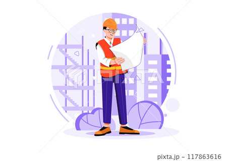 Builder looking architectural plan of the project Builder looking architectural plan of the project 117863616