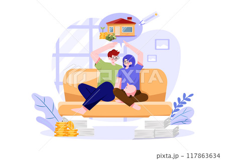 Couple sitting on the sofa thinking about new house 117863634