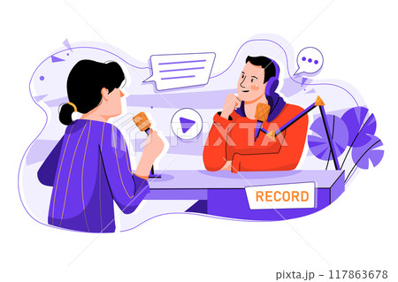 Man and woman recording a podcast conversation Man and woman recording a podcast conversation 117863678