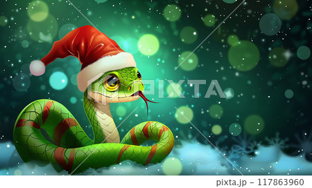 Festive snake wearing a Santa hat, surrounded by snowflakes and green Christmas ornaments. Cartoon style 117863960