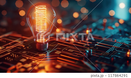 Glowing light bulb as CPU on motherboard circuit board. Generative AI 117864291