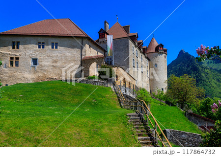 Exterior of medieval Gruyeres castle in Gruyeres town, Fribourg Canton, Switzerland 117864732