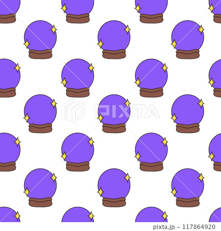 Seamless pattern with Crystal Ball. Gothic design, mystic magic symbol. Future telling, Halloween concept background. Vector Flat illustration. Seamless pattern with Crystal Ball. Gothic design, mystic magic symbol. Future telling, Halloween concept background. Vector Flat illustration. 117864920