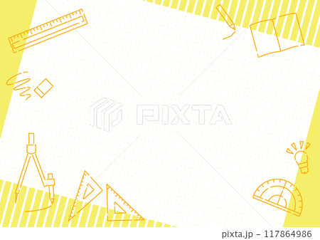 文房具と方眼用紙のポップなフレーム_イエロー 117864986