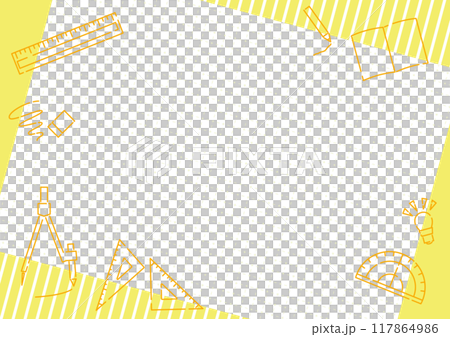 文房具と方眼用紙のポップなフレーム_イエロー 117864986