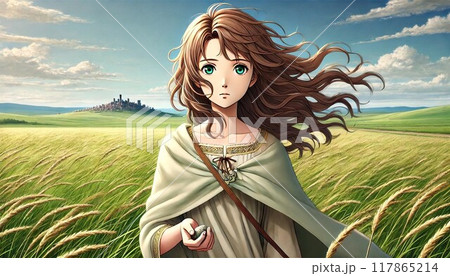 広大な草原を背景に立つ少女 117865214