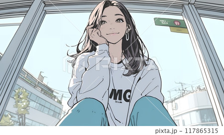 廊下の窓枠に腰掛けて考え事をしている若い女性
