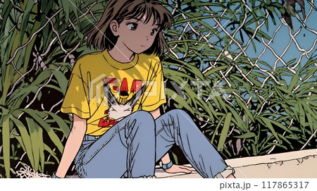 木陰の縁石に腰掛けている若い女性