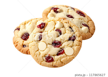 White chocolate brownie cookies with chunks of chocolate stacked isolated on white transparent background. Close-up shot, showcasing texture and richness 117865627