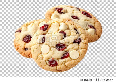 White chocolate brownie cookies with chunks of chocolate stacked isolated on white transparent background. Close-up shot, showcasing texture and richness 117865627