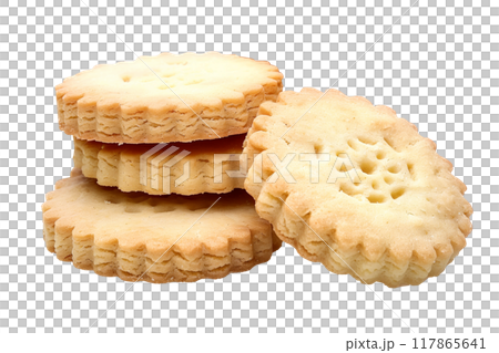 A delightful stack of three soft and crumbly butter cookies or Shortbread Cookie isolated on white transparent background. A delightful stack of three soft and crumbly butter cookies or Shortbread Cookie isolated on white transparent background. 117865641