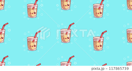 Seamless pattern with cute glass of lemonade with bubbles and straw on blue background. Funny kawaii cartoon character drink. Vector horizontal illustration. 117865739