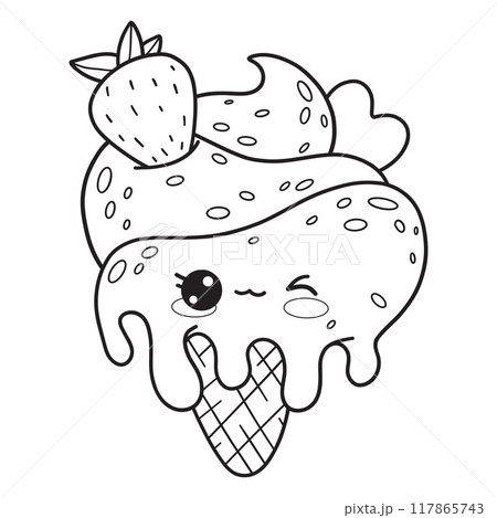 Cute ice cream cone with strawberries and drops. Outline sweet kawaii cartoon character. Line drawing, coloring book. Vector illustration. Kids collection. 117865743