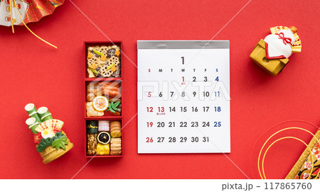 1月のカレンダーとお節料理 お正月の写真素材 1月のカレンダーとお節料理 お正月の写真素材 117865760