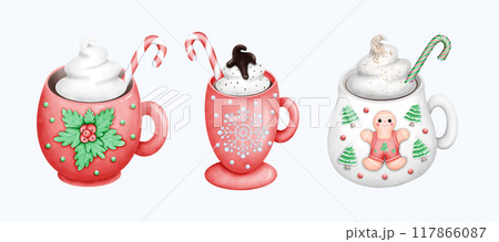 Watercolor Cute Hand Drawn Christmas Mug with cocoa and whipped cream Illustration with Festive Holiday Design for Cozy Art Watercolor Cute Hand Drawn Christmas Mug with cocoa and whipped cream Illustration with Festive Holiday Design for Cozy Art 117866087