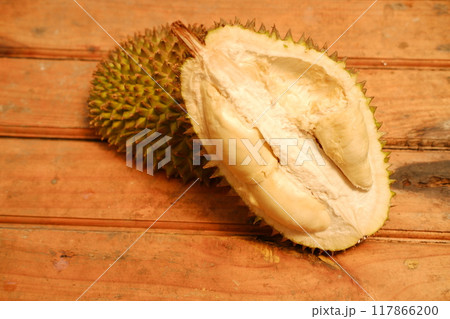 durian fruit on the wood table, closeup of photo 117866200