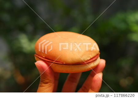 Hands holding a hamburger on a blurred background. Close up. Hands holding a hamburger on a blurred background. Close up. 117866220