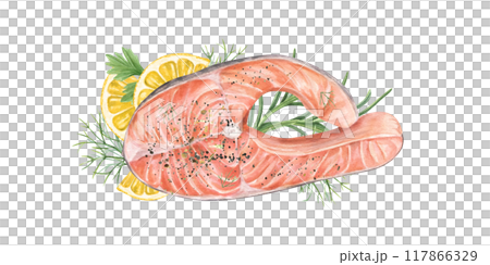 Steamed raw salmon steak on lemon slices and fresh greenery watercolor food illustration. Healthy meal with trout fish and rosemary, parsley, dill for recipes, restaurant menu, cookbook. Top view Steamed raw salmon steak on lemon slices and fresh greenery watercolor food illustration. Healthy meal with trout fish and rosemary, parsley, dill for recipes, restaurant menu, cookbook. Top view 117866329