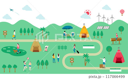 レジャー・キャンプ・アウトドア 横長バナーイラスト 117866499