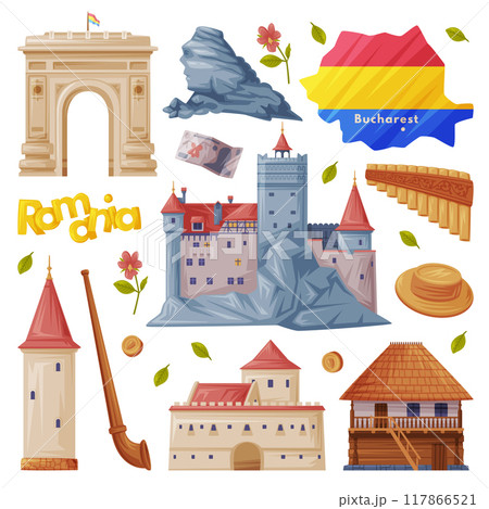 Romania Traditional Symbol and Object with Romanian Bran Castle and Triumphal Arch Vector Set 117866521