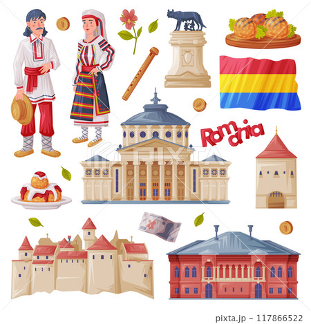 Romania Traditional Symbol and Object with Romanian Athenaeum and National Clothing Vector Set 117866522
