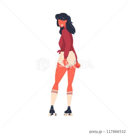 Retro Dressed Woman Roller Skater in Shorts Roller Skating and Smiling Vector Illustration 117866532