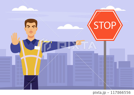 Man Road Police Officer Showing Stop Sign and Pointing Finger Vector Illustration 117866556