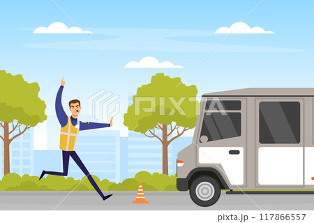 Man Road Police Officer Stopping Van Driving Against Traffic Cone Vector Illustration Man Road Police Officer Stopping Van Driving Against Traffic Cone Vector Illustration 117866557