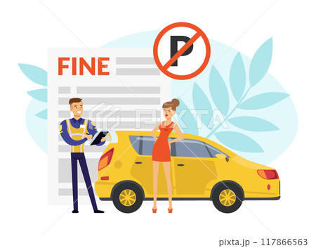 Man Road Police Officer Writing Out Fine to Woman Violating Traffic Rules Vector Illustration 117866563