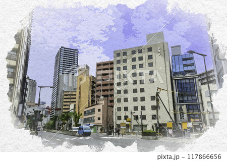 水彩画風　梅田　豊崎5交差点　大阪府大阪市 117866656