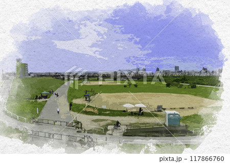 水彩画風 淀川河川公園 西中島地区野球場 大阪府大阪市 水彩画風 淀川河川公園 西中島地区野球場 大阪府大阪市 117866760
