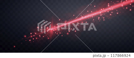 Red horizontal laser beam with smoke. Neon line, presentation pointer. Red glow flare light effect. Vector illustration. Isolated on dark transparent background. 117866924